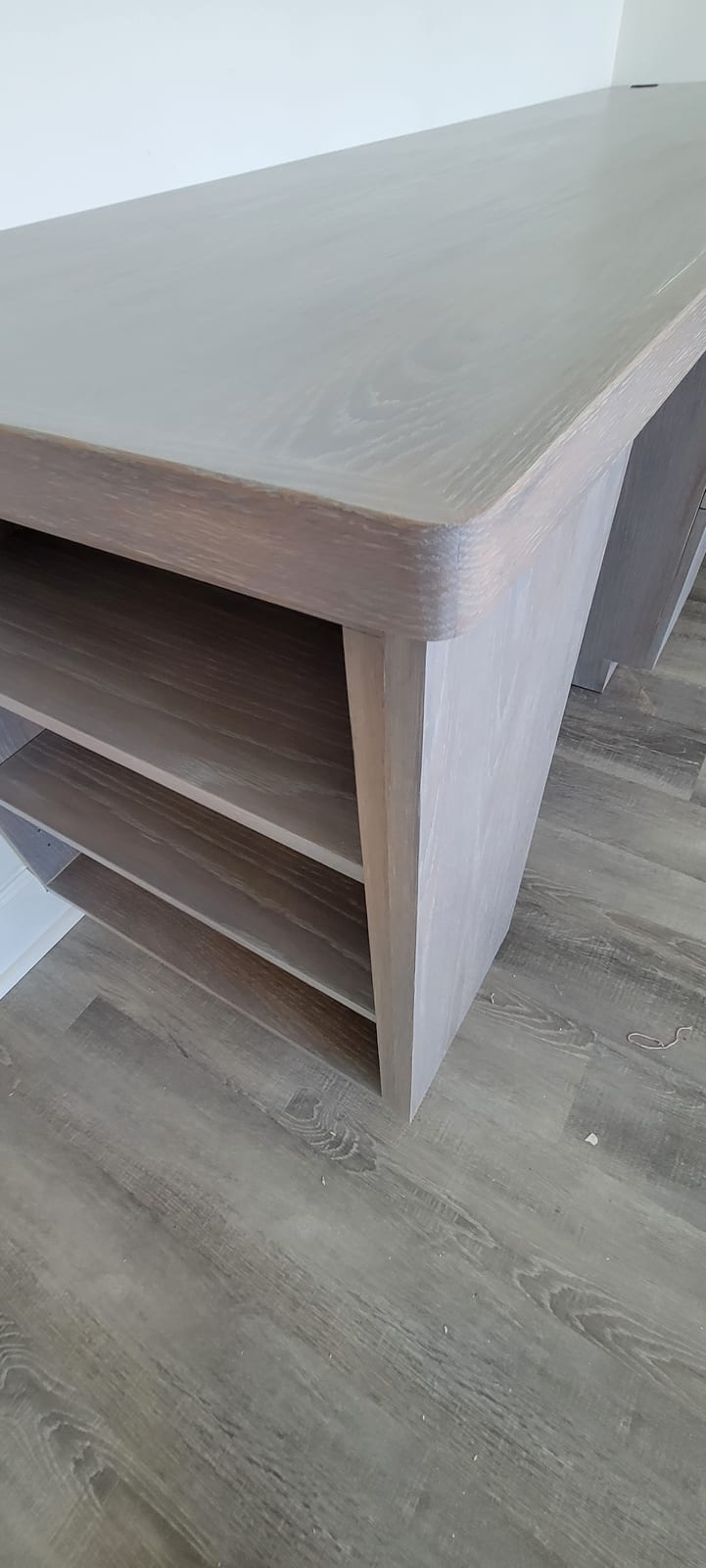 Walnut and white kitchen island with cerused finish